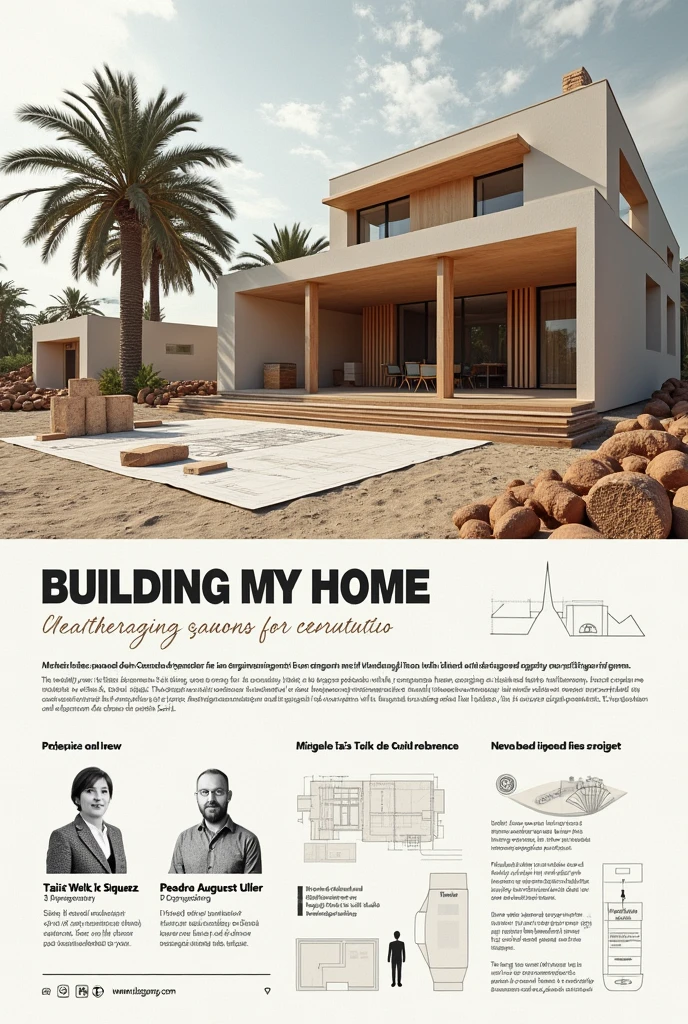 Create a poster for a fair of an architectural work done by Professor Taís Welk Cidral de Siqueira and students Miguel da Costa Ibanez and Pedro Augusto Uller with the following text: The “building my home” project aims to provide students with an immersive experience in the field of civil engineering and architecture. Through this project, Students have the opportunity to explore the importance and construction of floor plans, understand the use of sustainable materials in civil construction and become familiar with the instruments and work routine in these professions.