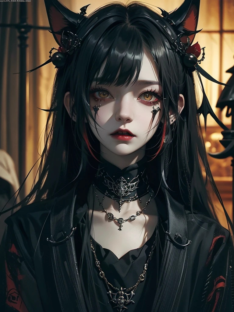 Highest quality、8K、masterpiece:1.3、Gothic Punk、The inside is red、Black-haired、hair ornaments、Beautiful girl、creative、Dark Fantasy Style、Neogoth、Goth Fashion:1.2、Yellow Eyes、I can see the fangs、Castle at night