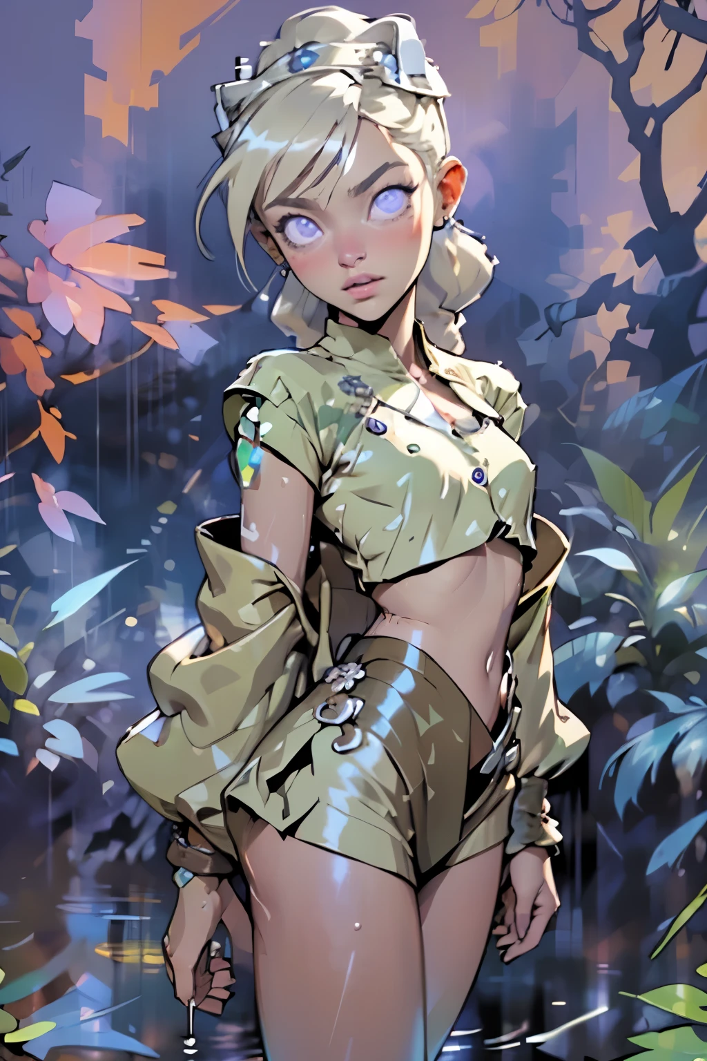 (masterpiece, best quality:1.2), 1girl, solo, white hair, short hair, yellow eyes, gloves, looking at viewer, large breasts, hair bun, black gloves, hair over one eye, wide hips, smile, choker, black choker, goblin girl, green skin, colored skin, crop top, short shorts, ((flat chested, flat stomach, baby face)), (intense colors)