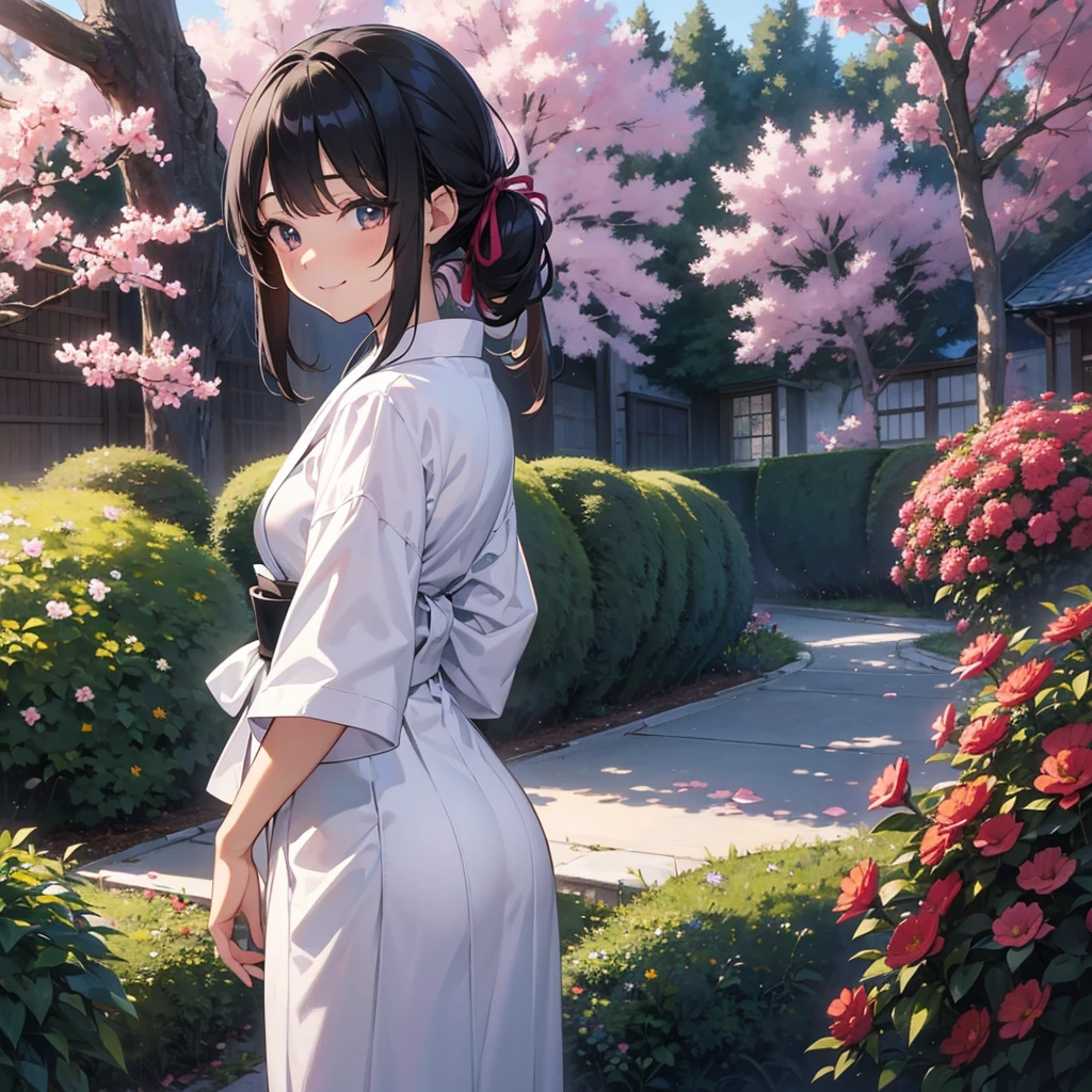 masterpiece,Highest quality,high definition,High resolution,4K,8k,Ultra-high-definition CG,masterpiece,Highest quality,high definition,High resolution,4K,8k,Ultra-high-definition CG,Anime illustration style,1girl, anime painted, front angle, pose standing, shiny black twin tail hair,black, accessories ribbon, expression smiling,arms behind back,Scene of a garden full of flowers、White yukata,shiny skin,fashion model posing 、