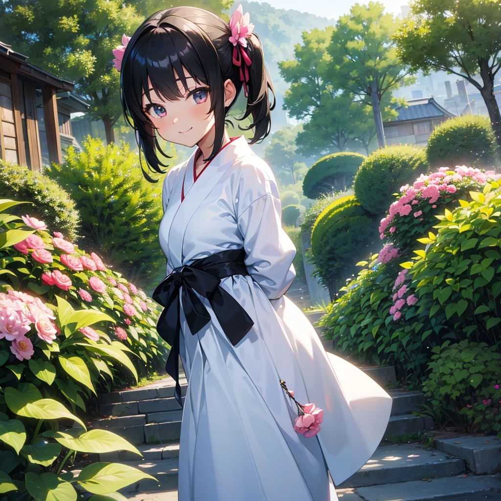masterpiece,Highest quality,high definition,High resolution,4K,8k,Ultra-high-definition CG,masterpiece,Highest quality,high definition,High resolution,4K,8k,Ultra-high-definition CG,Anime illustration style,1girl, anime painted, front angle, pose standing, shiny black twin tail hair,black, accessories ribbon, expression smiling,arms behind back,Scene of a garden full of flowers、White yukata,shiny skin,fashion model posing 、