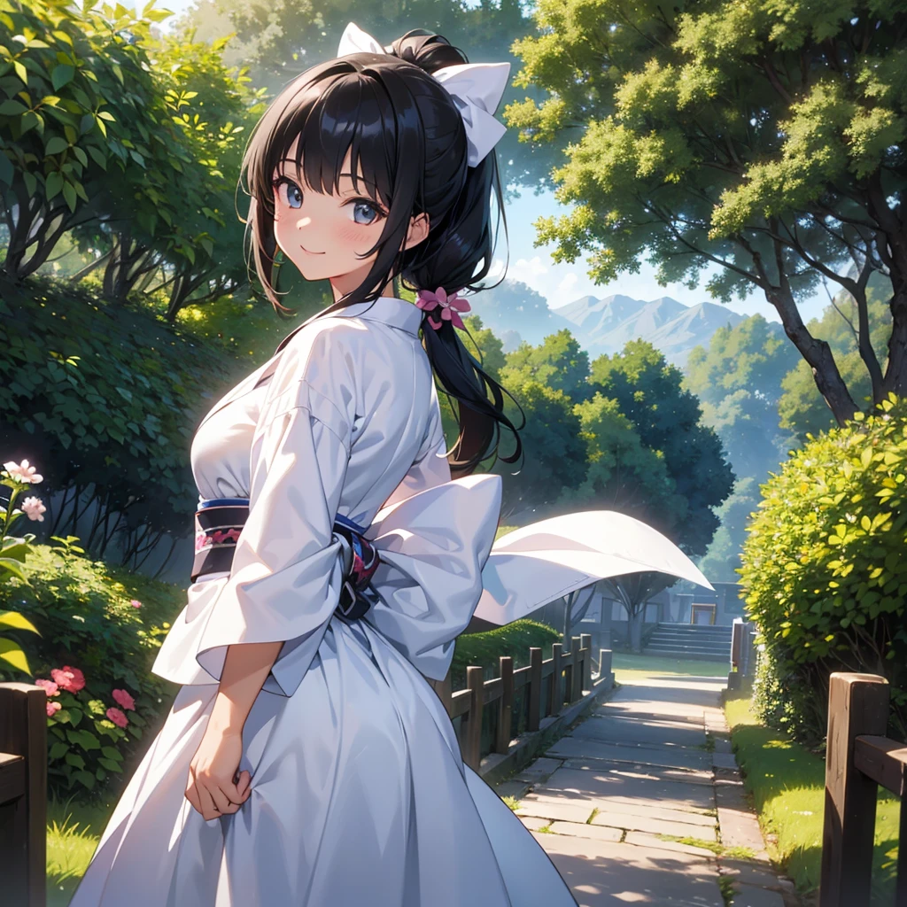 masterpiece,Highest quality,high definition,High resolution,4K,8k,Ultra-high-definition CG,masterpiece,Highest quality,high definition,High resolution,4K,8k,Ultra-high-definition CG,Anime illustration style,１girl, anime painted, front angle, pose standing, shiny black twin tail hair,black, accessories ribbon, expression smiling,arms behind back,Scene of a garden full of flowers、White yukata,shiny skin,fashion model posing 、