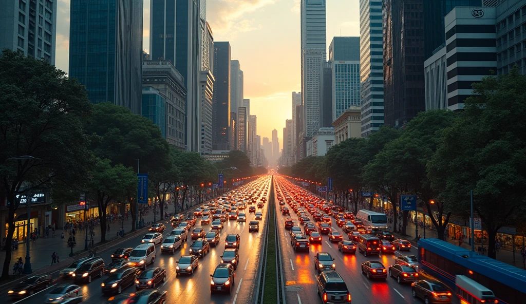 a chaotic city of São Paulo, detailed cityscape, skyscrapers, traffic jam, people rushing, intense colors, dramatic lighting, cinematic, photorealistic, (best quality,4k,8k,highres,masterpiece:1.2),ultra-detailed,(realistic,photorealistic,photo-realistic:1.37)