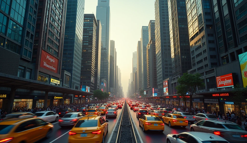 a chaotic city of São Paulo, detailed cityscape, skyscrapers, traffic jam, people rushing, intense colors, dramatic lighting, cinematic, photorealistic, (best quality,4k,8k,highres,masterpiece:1.2),ultra-detailed,(realistic,photorealistic,photo-realistic:1.37)