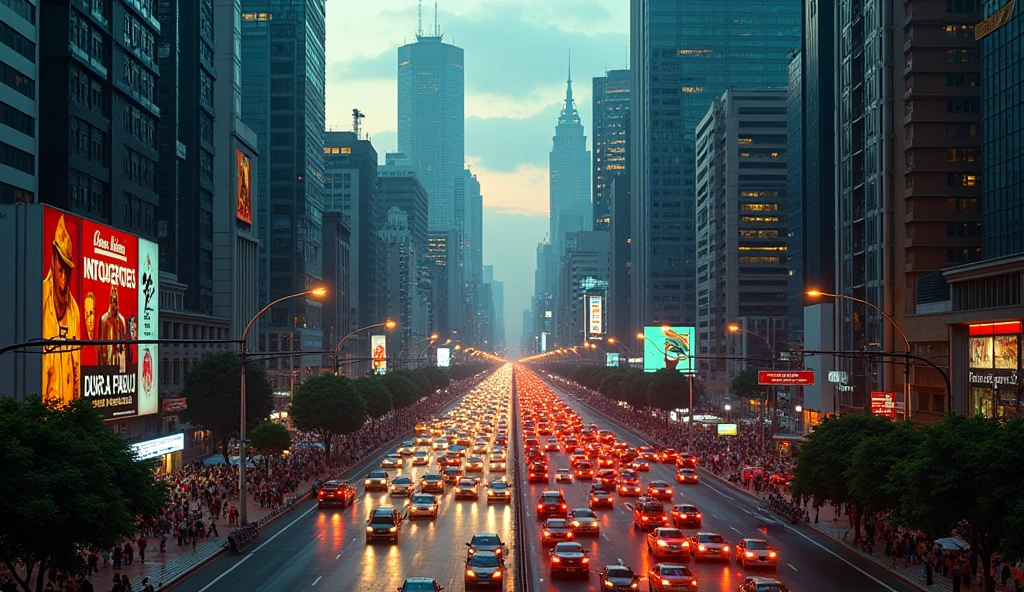 a chaotic city of São Paulo, detailed cityscape, skyscrapers, traffic jam, people rushing, intense colors, dramatic lighting, cinematic, photorealistic, (best quality,4k,8k,highres,masterpiece:1.2),ultra-detailed,(realistic,photorealistic,photo-realistic:1.37)