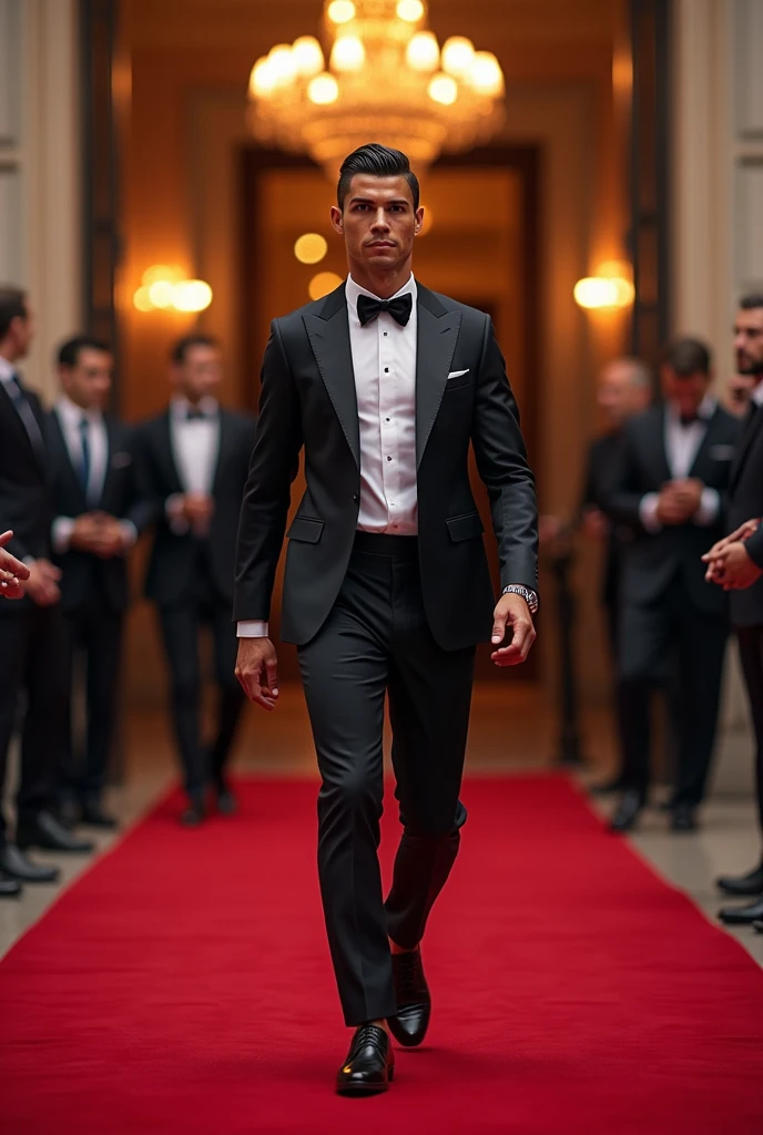 Cristiano Ronaldo ;qui porte des vêtements de luxe;marchants sur un tapis rouge;à paris
