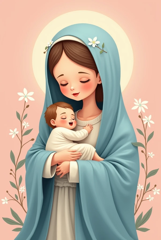 create a cartoon style image of the virgin mary holding baby jesus, for a picture painting , with its blue-toned veil and pink background, and some flowers
