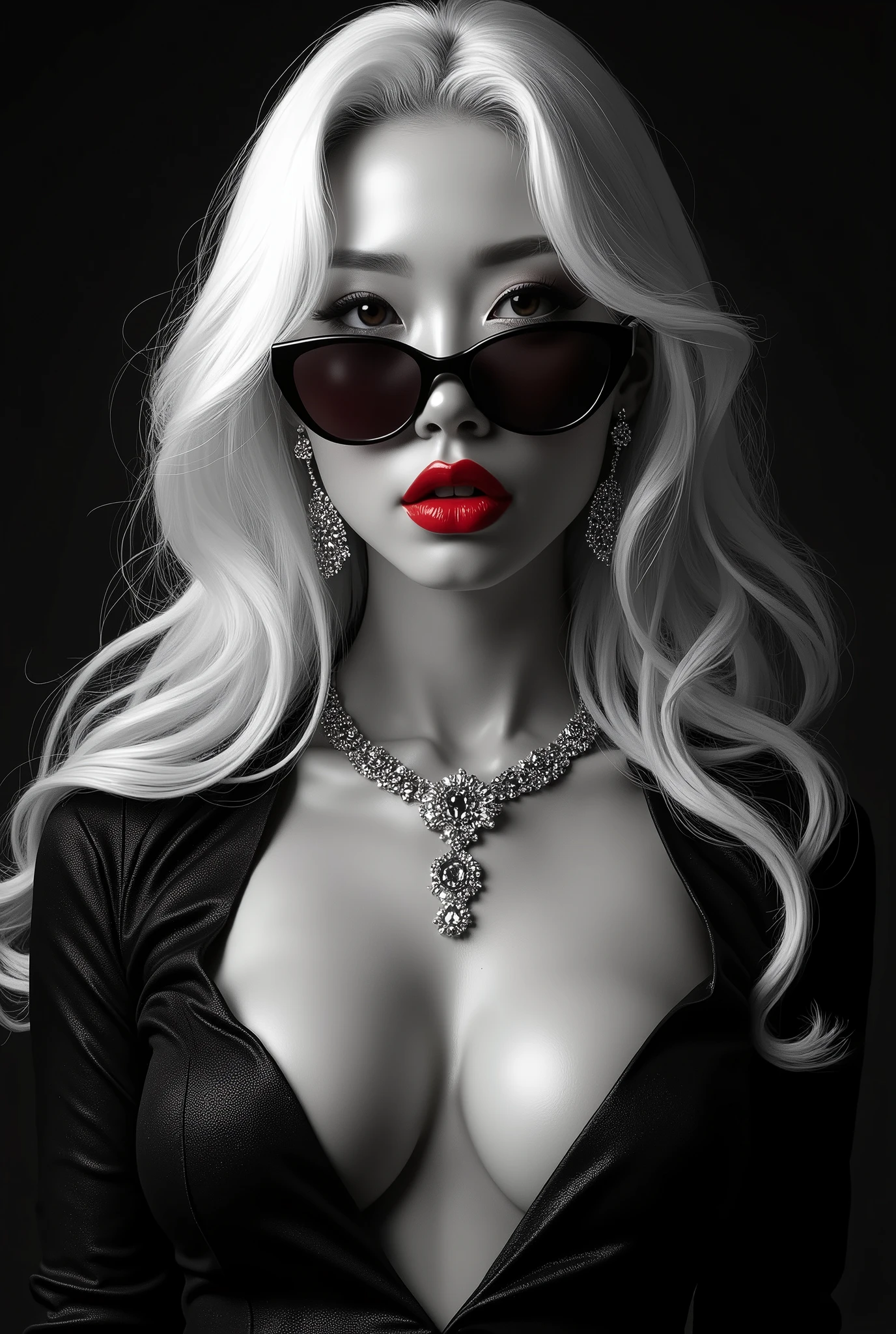 1girl, sunglasses, solo, hat, lipstick, red lips, long white hair, dress, plunging neckline, makeup, monochrome, white background, earrings, cleavage, jewelry, upper body, spot color, hair over shoulder,dark theme,shiny,shiny skin,milf,(mature japanese female:1.2), black background, sexy, alluring, 
