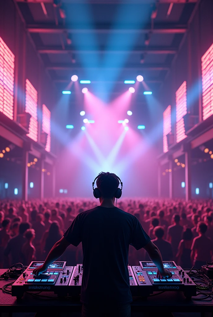 A DJ playing for a very realistic audience in a place full of lights at night.