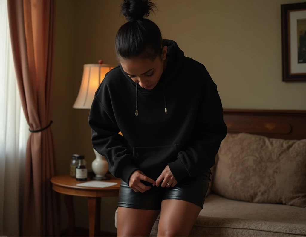 black woman hair in a bun black hoodie black leather short shorts being fucked in the ass by a old grandma in a dress