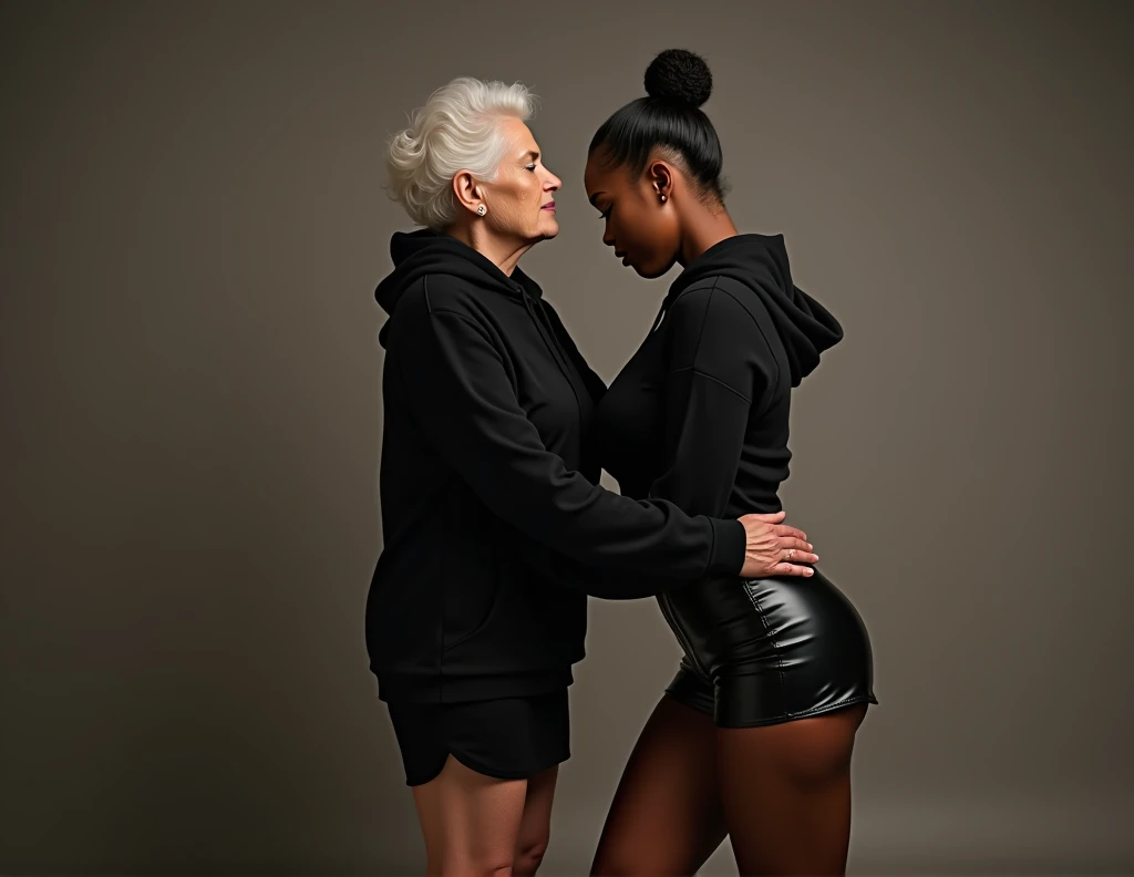 black woman hair in a bun black hoodie black leather short shorts being fucked in the ass by a old grandma in a dress