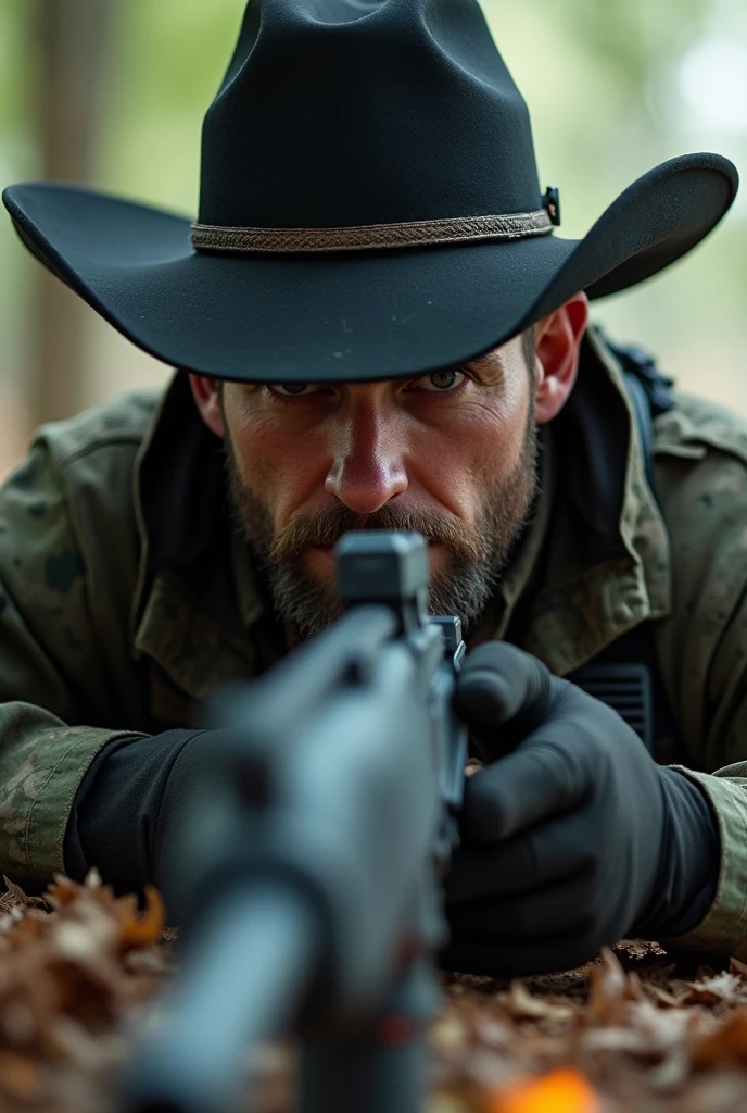 a white male with a black cowboy hat as he is part of the hunters organization have him in combat attire with an AK74 I want him to be holding onto his cowboy hat with a scared look laying down in a sniper position