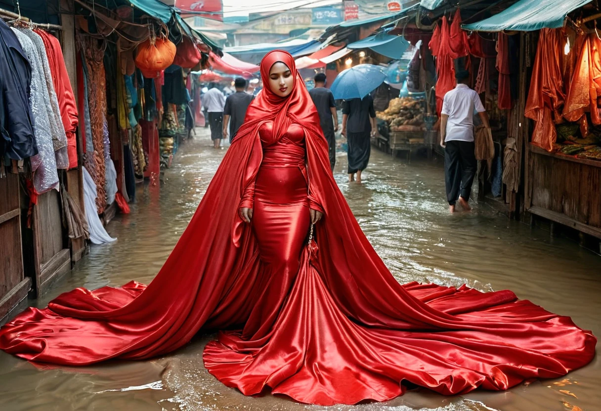 A woman shrouded in a 9-meter-long, plush red satin cloth, tightly bound and grandly draping along the form of her body, flowing off into a pooled floor-length train, styled in a mermaid-inspired outfit, her head modestly veiled in a satin hijab, 175 height woman, walk in wet traditional market, a full-body pose conveying a sense of elegance, captured in a 4k resolution, ultra-realistic