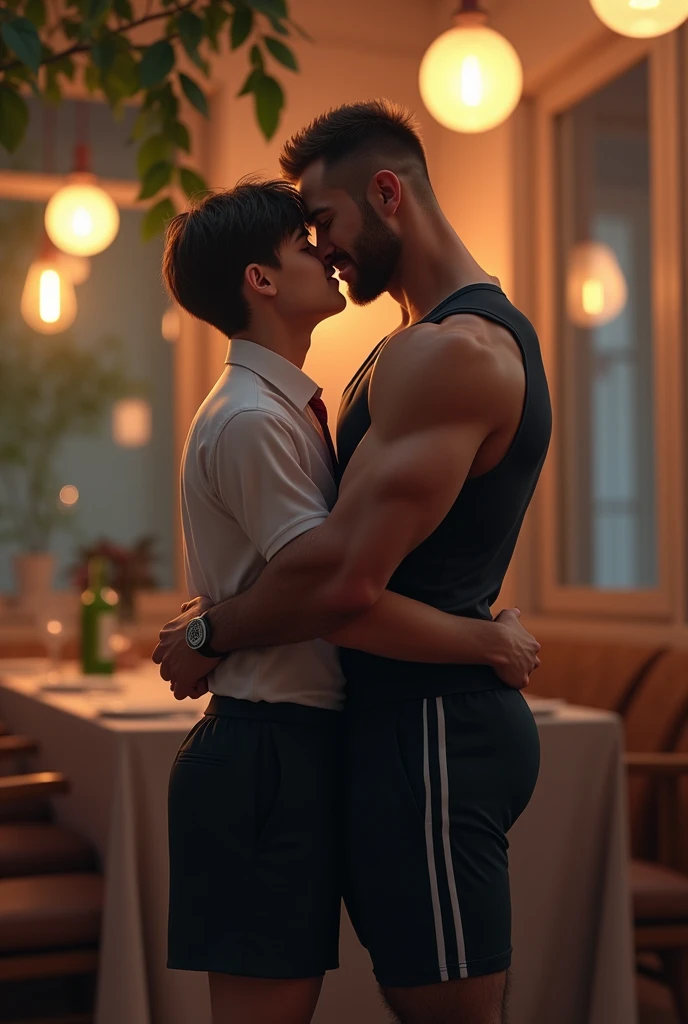 Photo realistic image of a 40 year old white teacher group, tall and beardless, muscled guy on a date in tight sports uniform on his big hairy muscular legs in love with a student boy male teenager young slim uniformed guy kissing