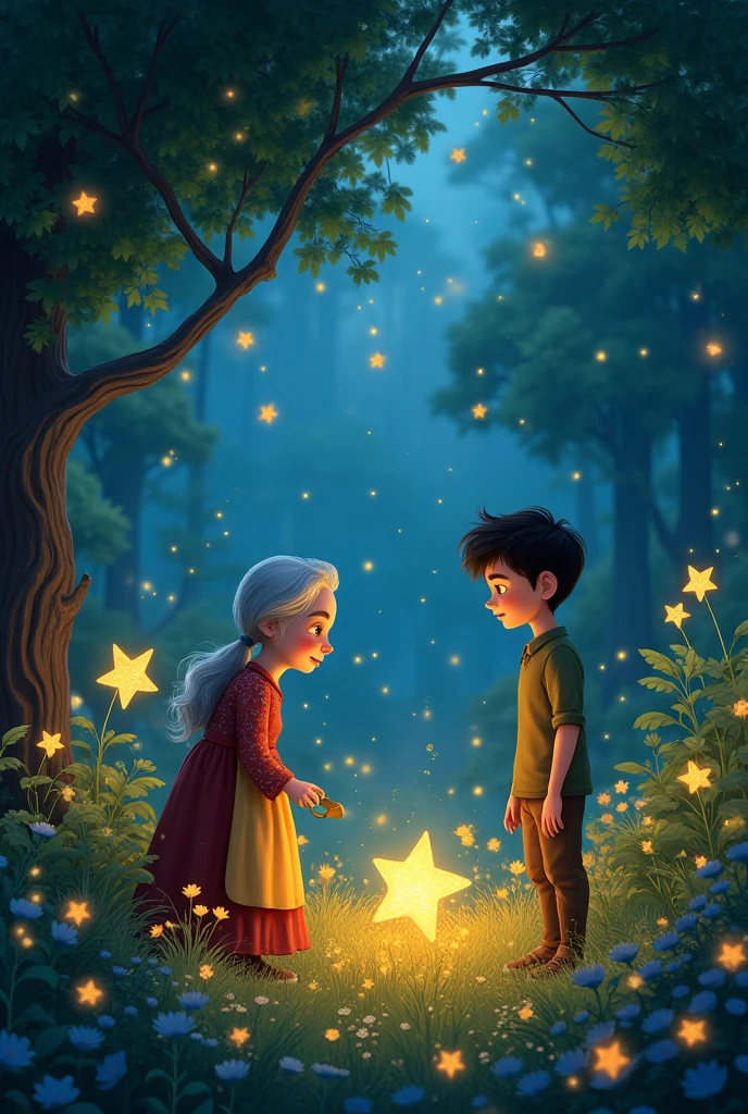 "The Garden of Stars"
in a village, An old woman named Clara takes care of a magical garden where the flowers are fallen stars.. Each flower fulfills a wish for those who value them.. Lucas, a young man in trouble, try to steal a star, But Clara stops him and teaches him how to take care of the garden.. In doing so, learn about love and humility. Lucas asks for prosperity for his family, that is fulfilled, and becomes the guardian of the garden. The story highlights that true magic comes from love and connection..