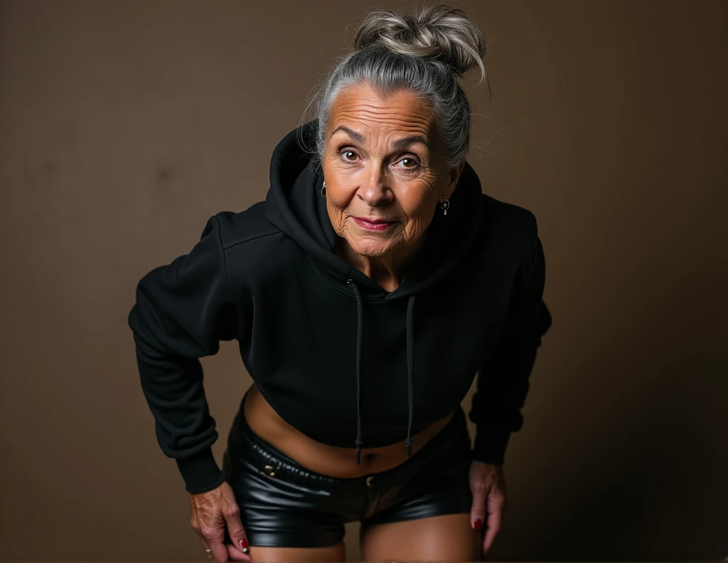 black woman hair in a bun black hoodie   black leather short shorts  being fucked in the ass by a old grandma in a dress
