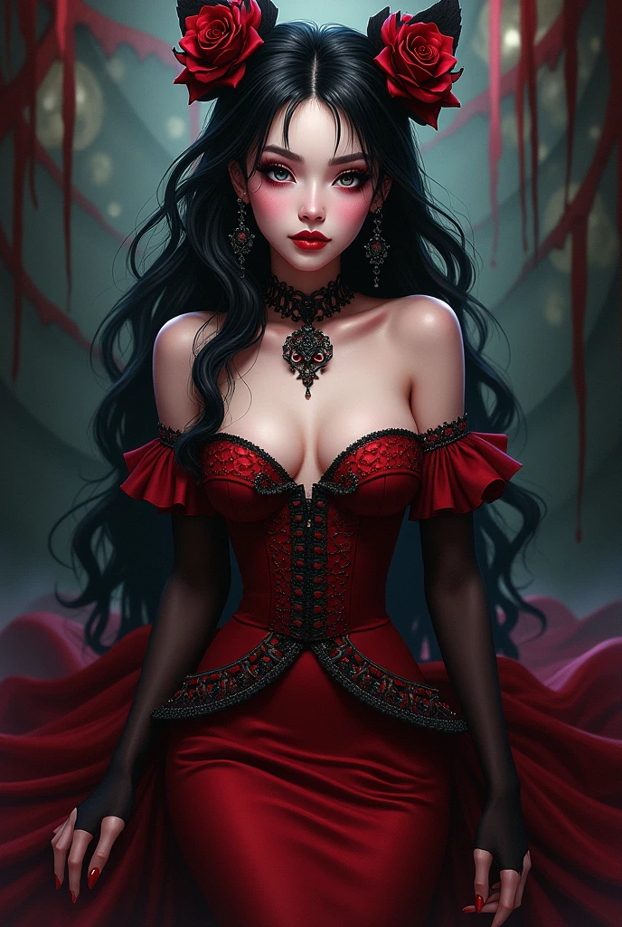 Me faça uma imagem de uma personagem feminina inspirada na serie animada hazbin hotel de vivziepop