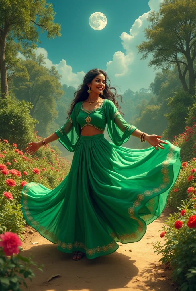  beautiful indian woman, in beautiful  green trees of colourful  flowers wearing  full-shoulder green half saree and full jacket dancing in very happy mood smiling by rotating  her self low to high angle showing moon in sky