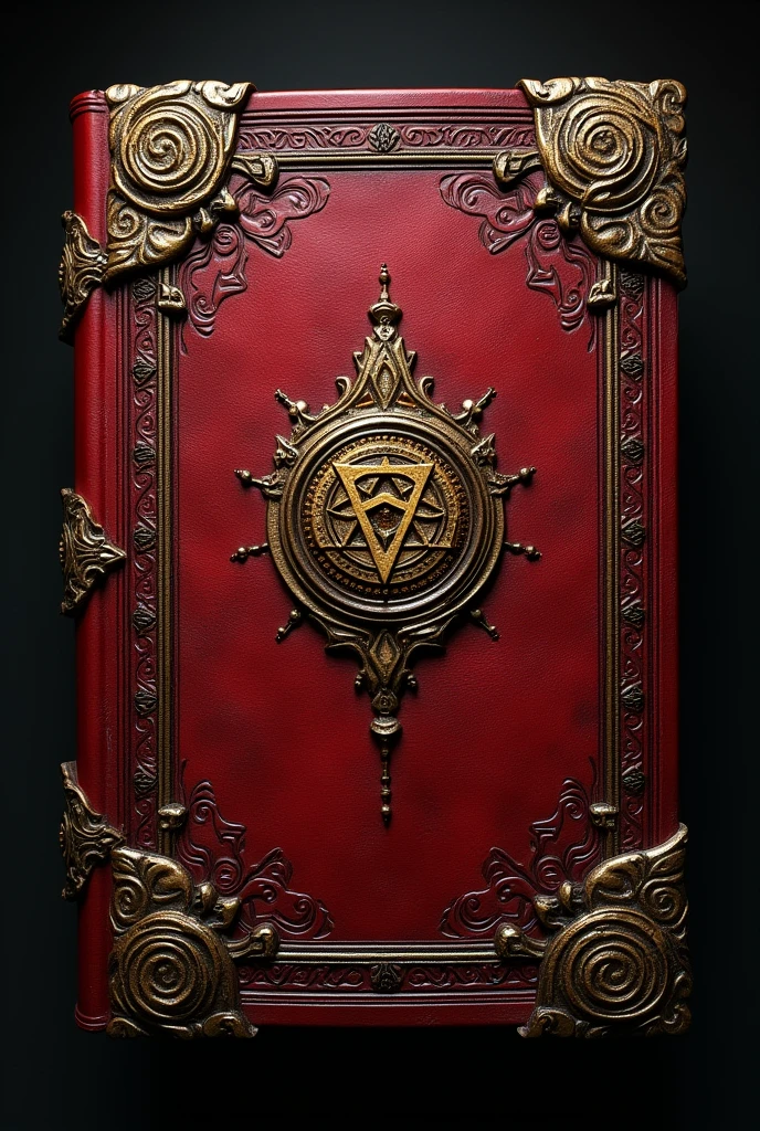 The cover of a red magic book, with a golden ritualistic magic symbol, with the frontal perspective