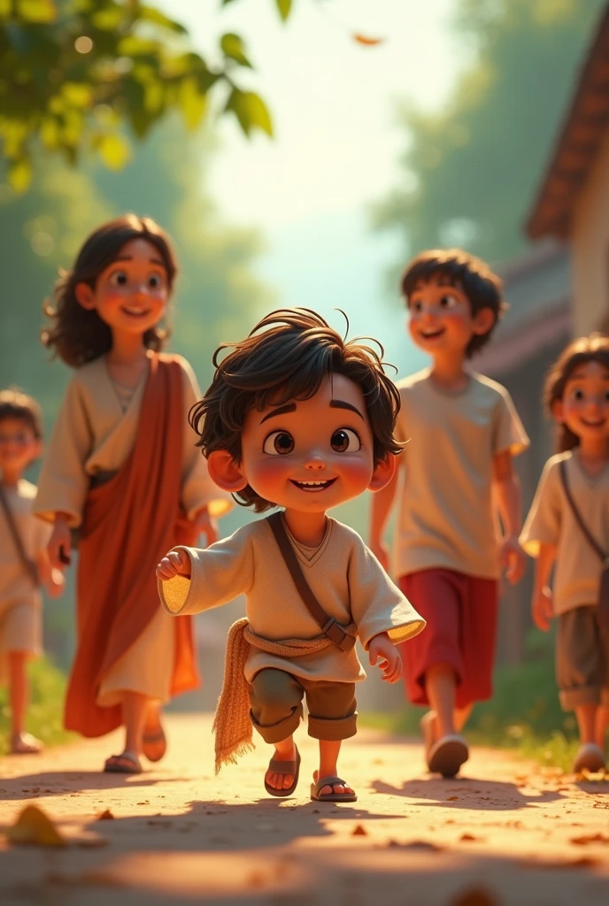 A 3D movie poster in Disney-Pixar style of Jesus as a  ??? after about two minutes, his friend was healed and could walk perfectly again Jesus and all of his friends continued to play.
