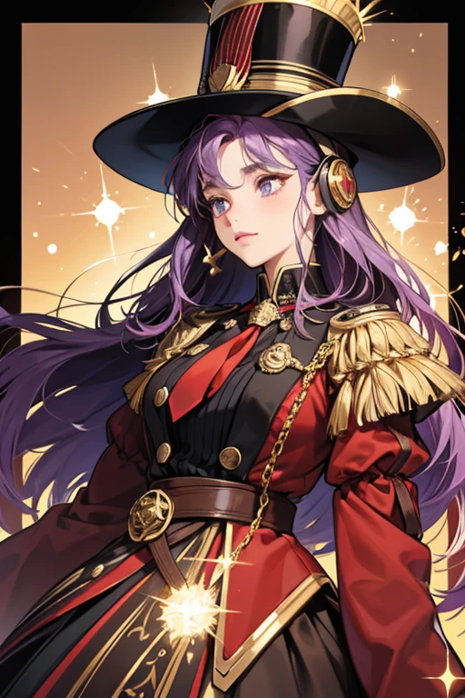 she purple hair She wears some neckwear, that kinda resembles a ruff, and a second layer of neckwear that's dark brown, with red lining under the other attached layer of the second layer that looks like a tie. With a gold spark on it, and a another but a more bigger one on the center, with two more borders, also has two neckwear that are similar to headphones, both are dark brown with red inside, and gold designs. Her hat is a tall black shako, decorated with brass furnishings. Her Pyro Vision is on the back, being held by two gold chains. SPARKLE; GLITTER