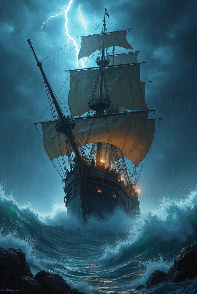 a gigantic pirate ship dancing amidst monstrous waves in a violent storm at night. a lightning bolt tears the black sky, giant waves rise and a lot of rain.