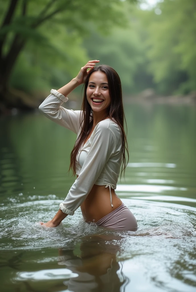 Woman swimming in the river, flirting with the camera, cheerful, fully clothed, long sleeved shirt, skirt , wet clothes, soaked, masterpiece, best quality