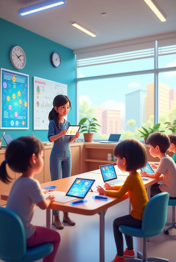 I need 3D drawing illustrations showing technology in children's learning with instruments such as tablets, smart displays, computers, Cell phones also so that the teacher can be seen