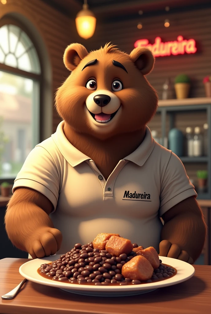 Adult bear, friendly and smiling face,forte e musculoso, anime 3 d, Wearing a polo shirt, written MADUREIRA RESTAURANT, serving a plate of feijoada with black beans and lots of pork