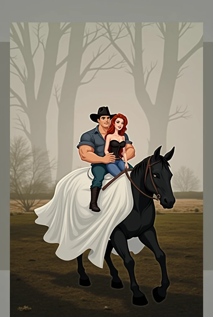 create a cartoon image where a muscular Korean man wearing a shirt rolled up to the elbow, dark jeans, black cowboy boots and hat, he is riding on a black hair and a red haired woman, with long, wavy hair is sitting behind him, wearing a pair of jeans, corselete e botas country. on a farm, through the trees, where sunlight filtered through trees creates shadows on the ground 