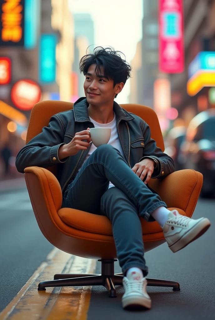 a young man shorty black messy haircut, wear outfit jacket clothes, long pant clothes, wear vans shoes, sit down in elite chair while crossed legs middle road while holding white coffee glass cup, natural, sweetly smile, future places, colorful lighting sun, future cars, award winning photography, real hyper realistic, real human japanese, UHD 8k, detailed photo, perfect face, detailed places, landscape, full body, photo was taken from a long distance in the future city