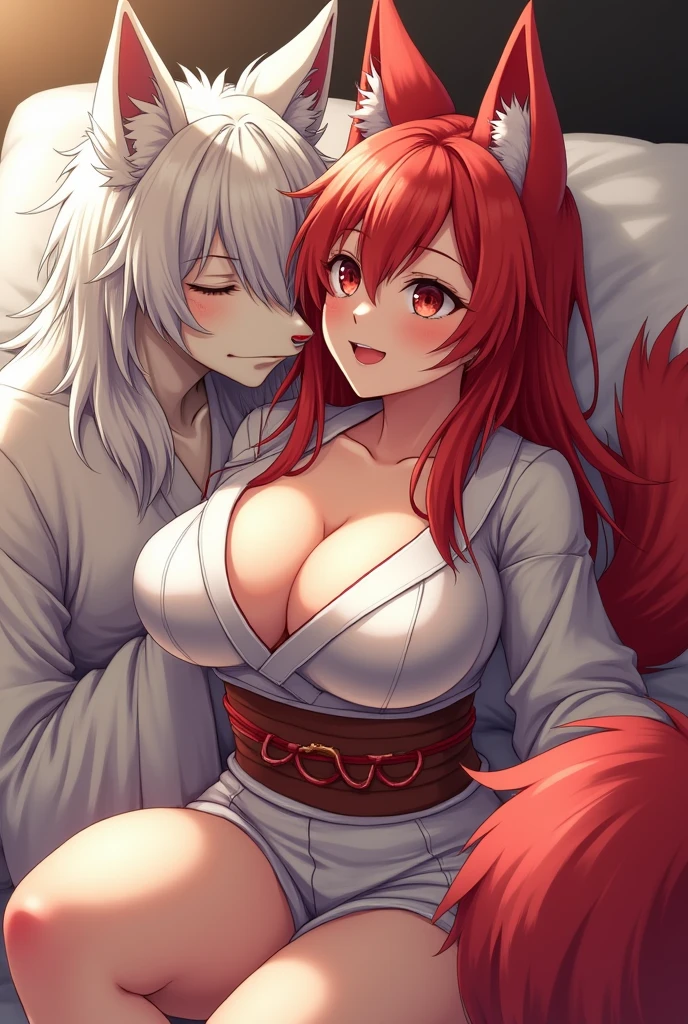 a hot kitsune woman in anime style with red hair and 9 tails. She is busty and has a big ass. She is chubby with short kimono. Her nipples are free in bed with a kitsune male with a big cock hanging out, and long white hair that falls down to his knees. sucking him off