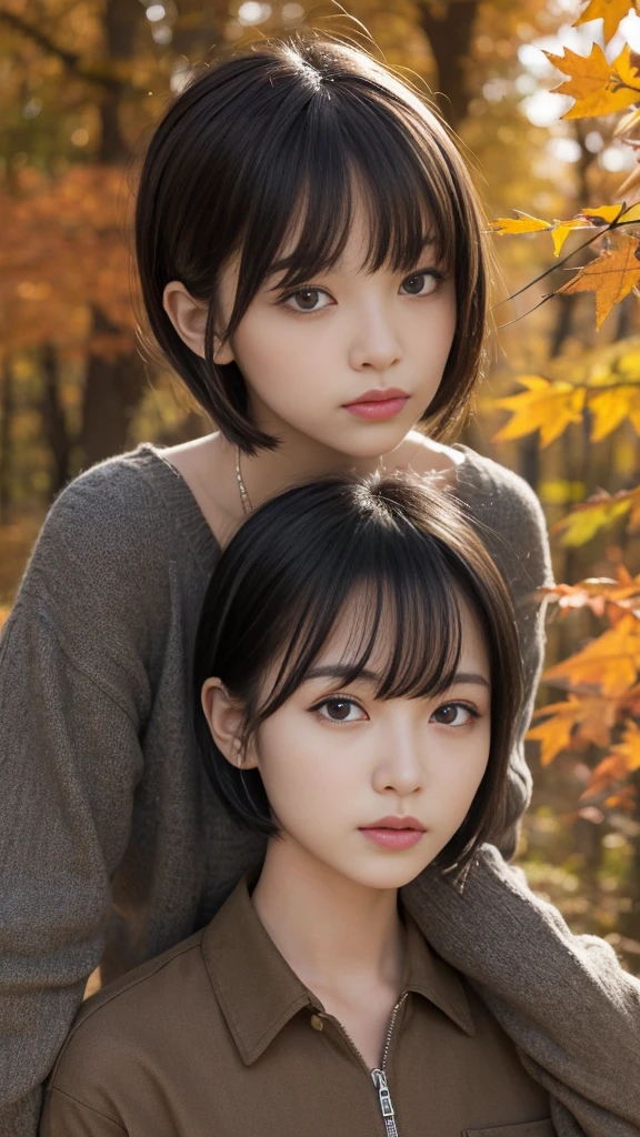 The theme is "Autumn Darkness and Light". The main colors will be deep browns and olive greens with black accents. The top is a loose-fitting brown checked shirt, and the bottoms are wide black pants with zippers and patches designed on the sides,(Highest quality, Very detailed, masterpiece:1.2), 1 women, Very thin body, length, Thin legs, ((Black short hair:1.2)), ((Thick and fluffy bangs)), Very detailedな顔,A faint smile, small, Thin Nose, small thin mouth, Extremely sharply focused eyes, Japanese, Beautiful Face, Realistic eyes, Beautiful and beautiful eyes, Realistic Skin, Beautiful Skin, charm, (A vivid face), Beautiful Hairstyles,The theme is "Autumn Darkness and Light". ,Creepy and unique hairstyles, High resolution, Vibrant color palettel, Amazing place