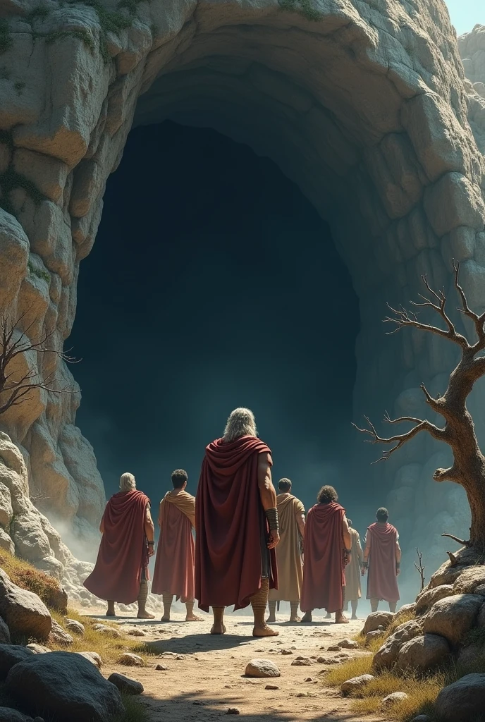 Muestra a Odysseus y sus hombres afuera de una gran cueva. They look inside with curiosity.
- *Text:* Odysseus: "It seems like a good idea to go in and explore this cave.."