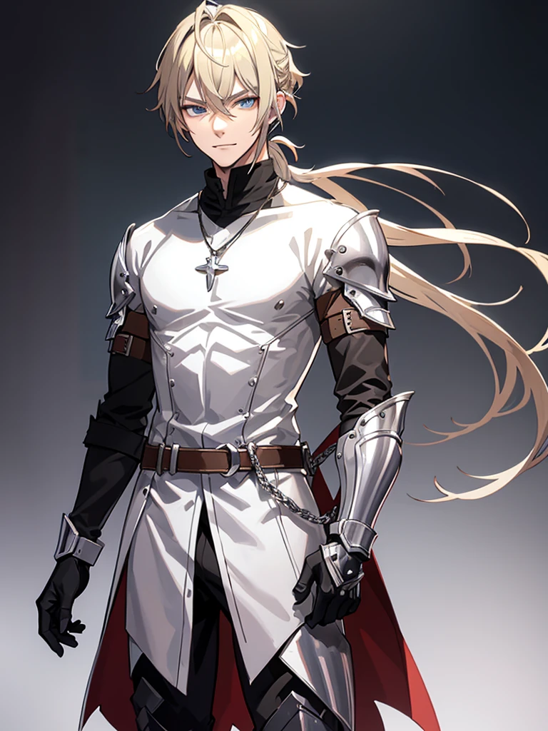 Anime attractive man, 20 year old, blonde hair, very very short ponytail, tall, muscular, black vampire hunter outfit, silver lining, solo, one person, knight, black gloves, silver arm bracers, high resolution, high quality, masterpiece, masculine face, silver necklaces, smirk.