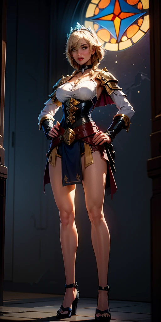 paladin lady in ornate golden armor, black collar, pauldrons, breastplate, corset, glowing halo, single braid, blonde, yellow glowing eyes, bright pupils, eye focus, red cape, temple indoors, stained glass windows, night, moonlight, particles, light beam, chromatic aberration, (full body, whole body. 1solo (girl). slave fighter, loincloth standing, hands on hips full body, whole body. 1solo (girl). slave fighter, loincloth standing, hands on hips, metal sandals, backpack, choker, big belt, view from below, feet together, bracers, tiara)
