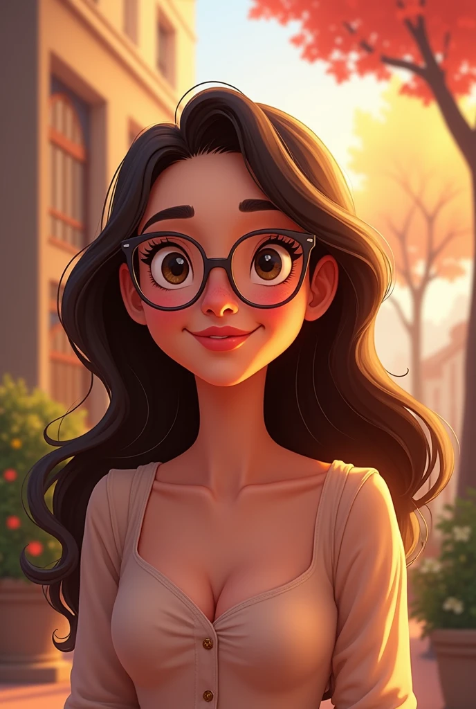 A girl neither fat nor skinny with half-pointed glasses, not so much half-pointed, just long wavy hair, smiling with eyelashes, eyebrows, Brown eyes, perfect nose
(disney style)