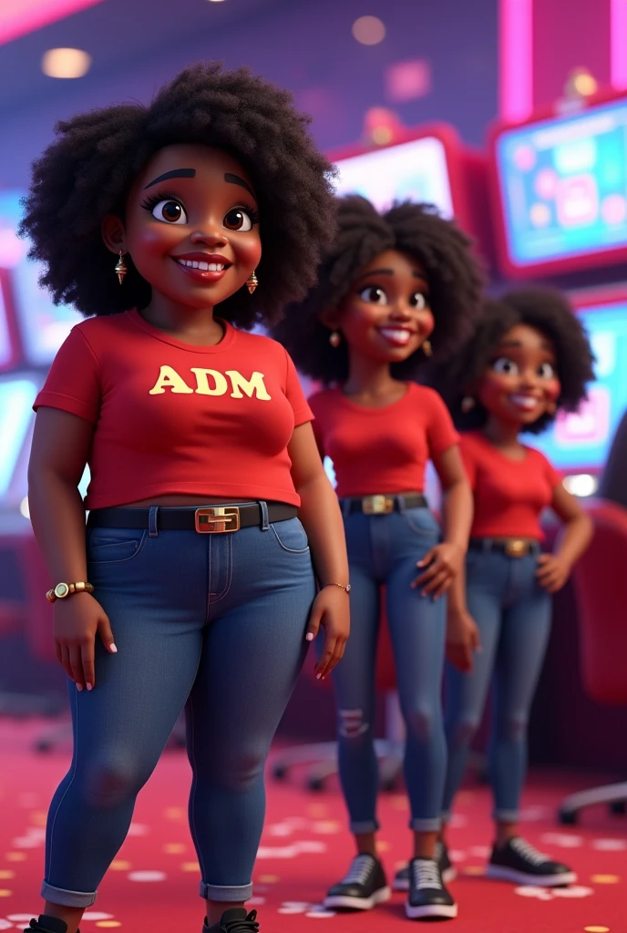 3D Pixar style, 4 woman, Brunetette, Brown eyes, thin reddish mouth Very curly afro hair dark coffee color, medium size without fringe.
Wide-hip woman in red T-shirt with ADM written on it, jeans, black belt, black sneakers.
Gold ring on the left finger, watch on the wrist, wide and round face In a casino game room environment with computers HAPPY
