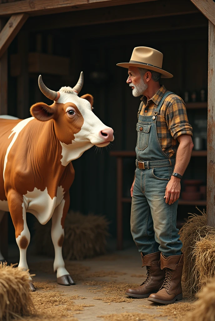 There was a cow at home talking to a 20-year-old middle-aged man in vintage farmer&#39;s clothing. The 20-year-old middle-aged man acted surprised.