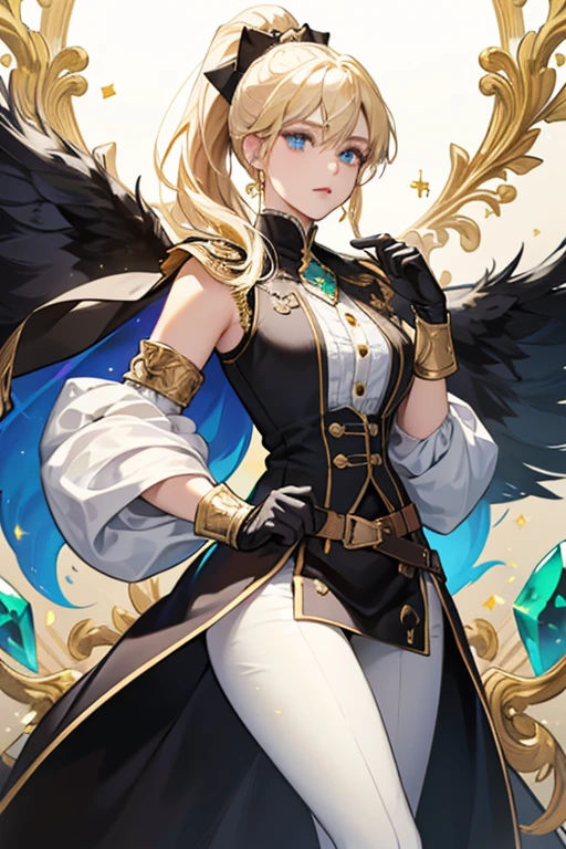 Jean's blond hair is tied back into a high ponytail with a black bow. On her ears, she wears a pair of gold cross earrings.

She wears a sleeveless black button-up under a white vest with a long blue tailcoat attached to it, a pair of separate black sleeves, a short blue and gold cloak attached to a white collar, white tights embroidered with a gold diamond-dot pattern, a pair of white high-heeled knee-high boots, and a pair of white gauntlets. There is a golden Knights of Favonius crest on the front of her vest. Her Vision hangs off her belt at her back on her left.

Glowing Ornaments
While wearing Gunnhildr's Legacy, when Jean's Elemental Burst is ready, the green gem on her collar and the two green gems on her belt will glow along with her Vision. SPARKLE; GLITTER