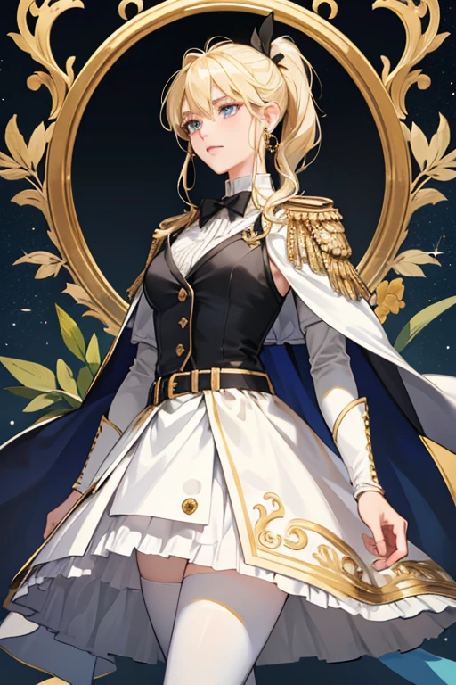 Charlotte wears a red cap with a gold-edged black brim, adorned with a black-and-white ribbon tied in a bow, golden studs, and a gold brooch with the form of a winged quill pen, complete with white feather. She wears a gold monocle with a dangling bow-shaped adornment over her left eye.

She wears a sleeveless and backless white collared shirt with diamond shaped gold buttons, with a black-and-gold ribbon tied in a bow around her neck, adorned with a round blue brooch resembling a camera lens. She has detached white sleeves with a ruffle at the ends. Over this is a short coat with red pumpkin sleeves ending in folded-back black cuffs and a black mantle-like top with gold trim connecting across her back. This is adorned with a black-and-white ribbon tied in a bow, secured with a gold brooch. On her hands she wears short white gloves with a small bow detail.

She wears black pleated shorts with gold details at the hem, over which she has a stiff red high-waisted overskirt with a slit over the right leg, gold details and gold trim, and two black straps at each side of the waist. This overskirt is secured by black and gold suspender straps. A wide white belt and thinner white strap with gold details sits across her hips, on which she hangs her camera in the front and a thin black journal on the back. A long, thin white strap dangles from where the journal is secured.

She wears a white pouch on her right leg, with her Pneuma-aligned Cryo Vision attached to the flap. She has short, red, heeled boots secured with a gold strap and white socks with black-trimmed cream fold over the tops of her shoes. SPARKLE; GLITTER