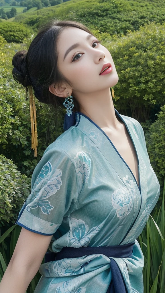(masterpiece, top quality, best quality, official art, beautiful and aesthetic:1.2), (1girl:1.3), extremely detailed, (fractal art:1.1), (colorful:1.1),highest detailed,(zentangle:1.2), (dynamic pose), (green field background:1.3), (blue chinese Traditional cloth:1.2), (shiny skin), (many colors:1.4), ,(earrings:1.4),