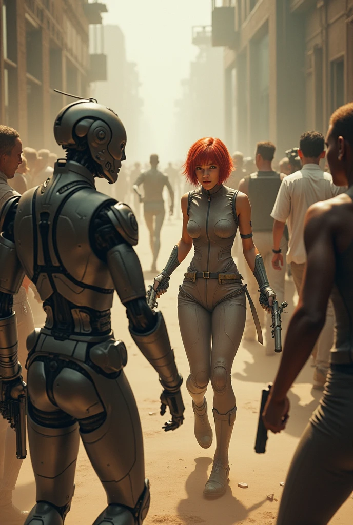 an android with human features, holding an advanced weapon, while talking to a short, red-haired woman holding a futuristic pistol. They are in a hallway with a lot of dust and people running around with guns in their hands., everyone is wearing post-apocalyptic steampunk clothes