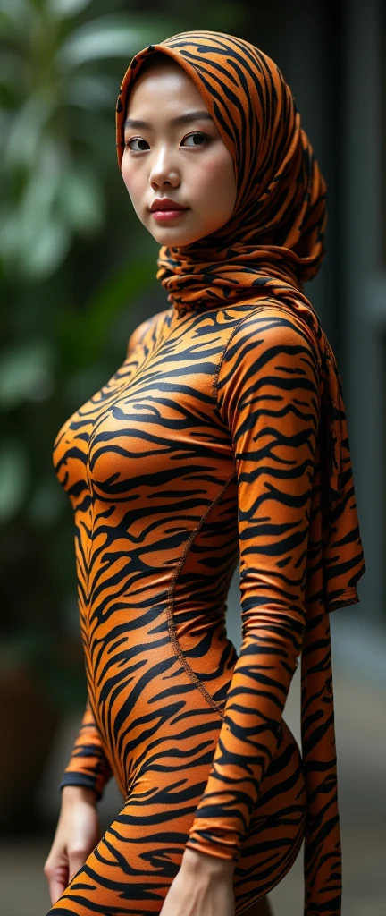 the beautiful,slender thin and prettiest Asian and Malaysian muslimah adult girl with beautiful cheeks wears tiger print lycra turtleneck unitard catsuit covered with seamless spots and always wear tiger print lycra elastane stretchy dance wear hijab covered with seamless spots.She has beautiful lips