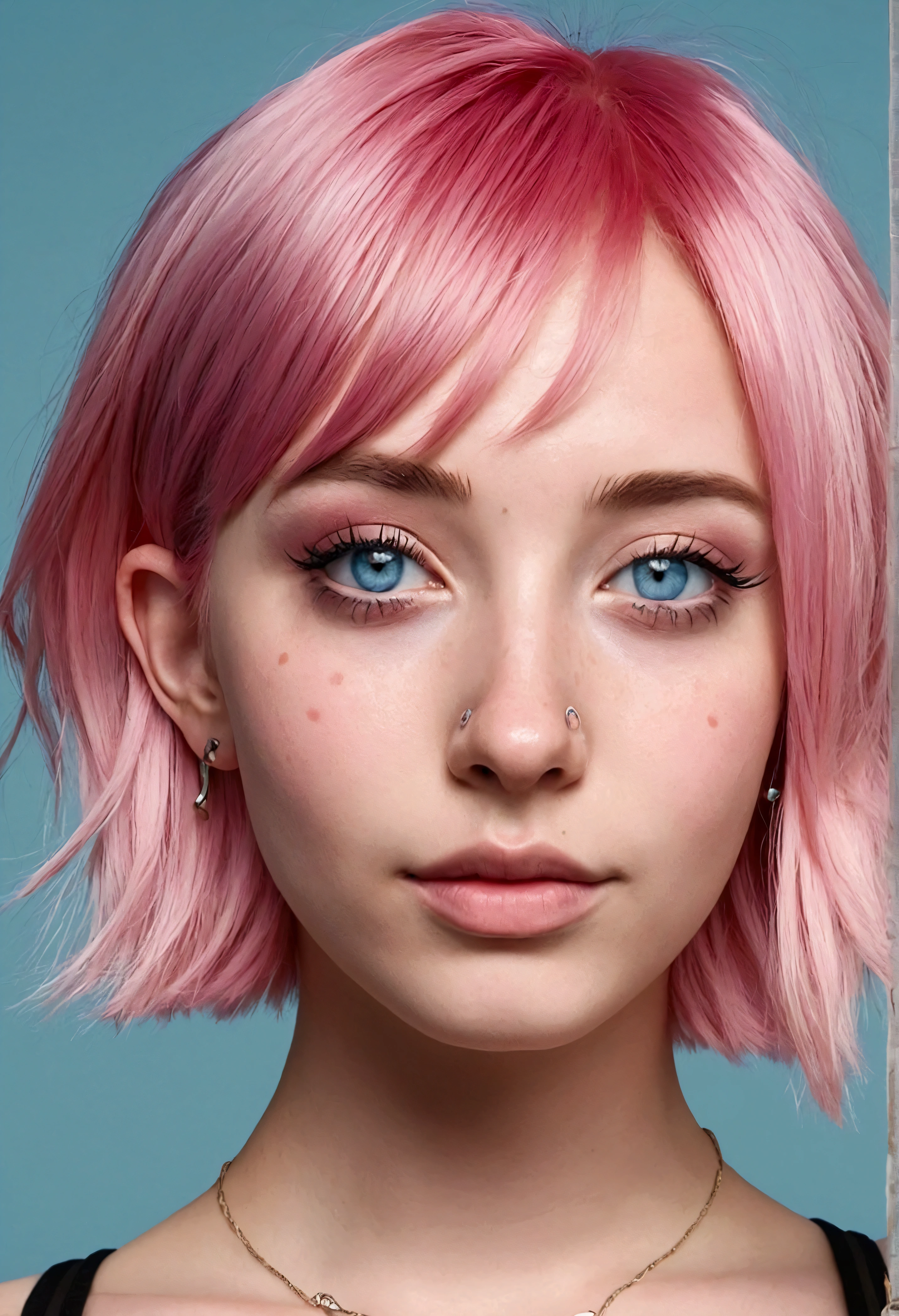 A short to the chin pink hair girl with a small nose ,blue eyes,septum piercing,and dimples