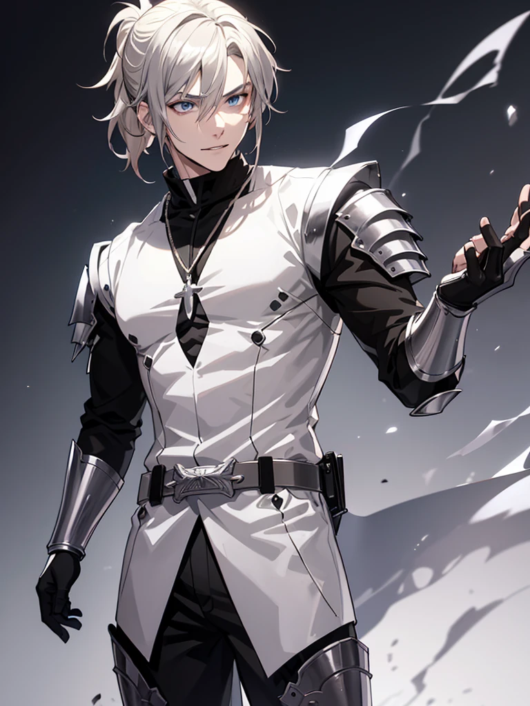 Anime attractive man, 20 year old, blonde hair, very very short ponytail, tall, muscular, black vampire hunter outfit, silver lining, solo, one person, knight, black gloves, silver arm bracers, high resolution, high quality, masterpiece, masculine face, silver necklaces, smirk.