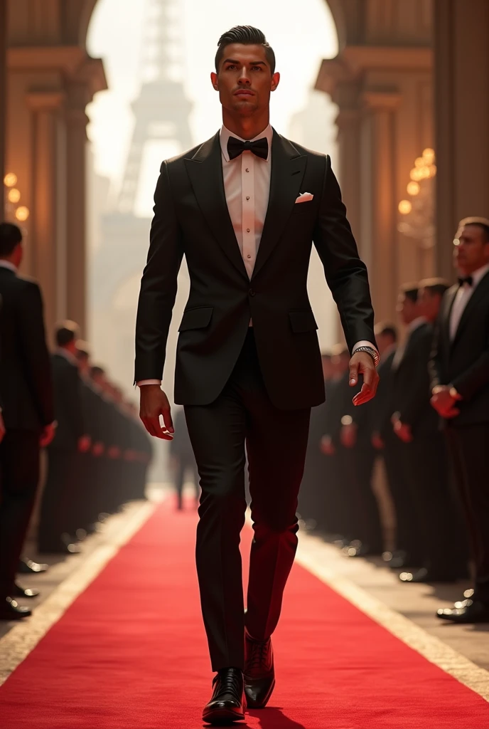 Cristiano Ronaldo ;qui porte des vêtements de luxe;marchants sur un tapis rouge;à paris
