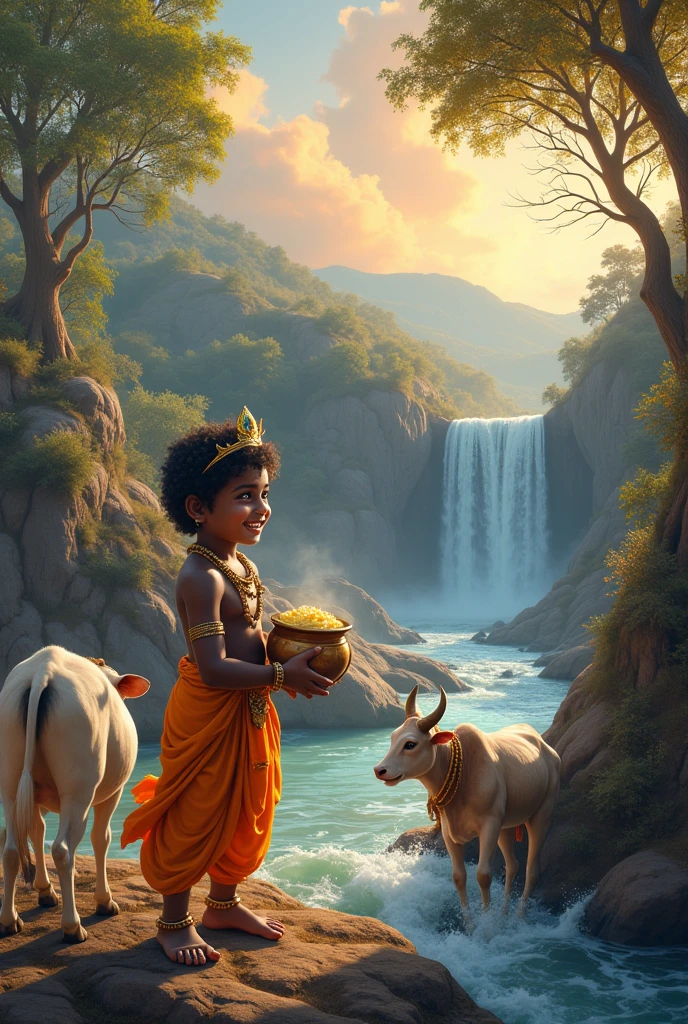 Child Shree krishna ,makhan handi, cow, hill, orange blue colour mix sky, tree, rock , river, water fall 
