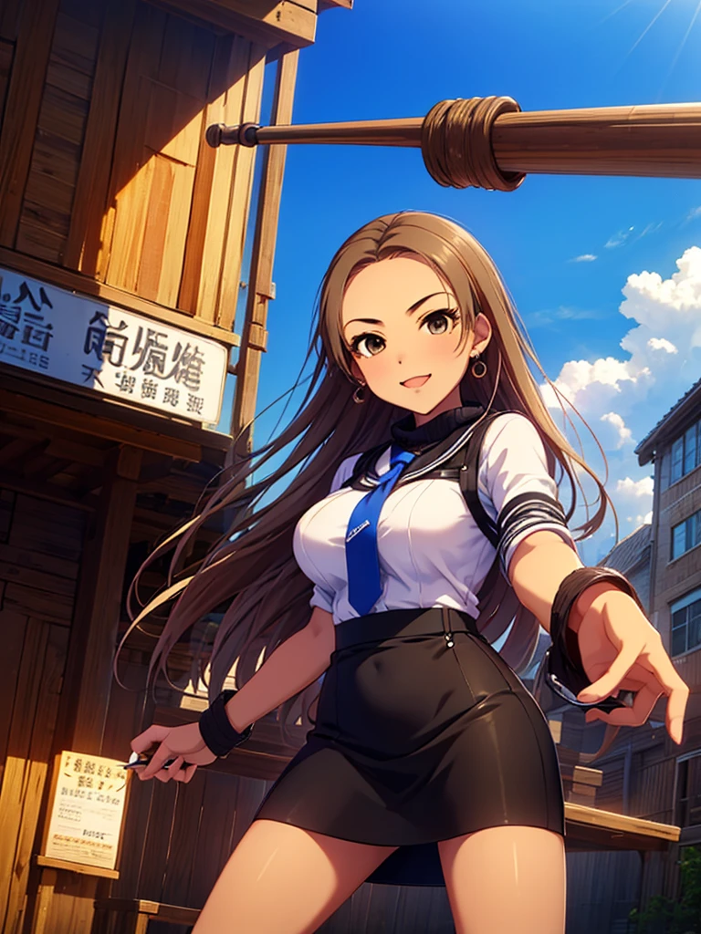 masterpiece) ((((Highest quality))))((High resolution))))))、squat、Brown Hair、、Ride Good、Around town blue sky、、From below、One person、白 Knitted Dress、Big Breasts、glamorous、Pencil Skirt