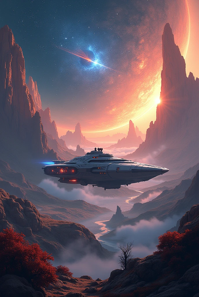 Create a book cover about an adventure that takes place in space in the distant future and the book features several planets and beautiful scenery, You can also invent the name of the book 